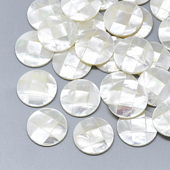 Natural White Shell Mother of Pearl Shell Cabochons, Flat Round with Mosaic Pattern, Seashell Color, 18x3mm