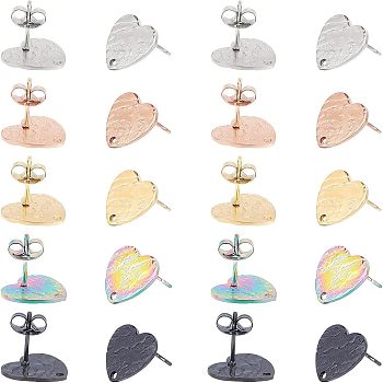 Unicraftale 30Pcs 5 Colors Heart Shape with Textured PVD Vacuum Plating 304 Stainless Steel Stud Earring Findings, with Ear Nuts/Earring Backs and Hole, Mixed Color, 12x13x1mm, Pin: 0.8mm, 6pcs/color