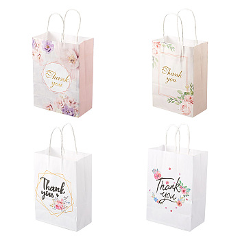 Cheriswelry 24Pcs 4 Style Rectangle with Word Thanks You Kraft Paper Bags, with Handles, for Gift & Shopping Bags, Flower Pattern, 21.5x14.9x0.05cm, 6pcs/style, 4 style, 24pcs