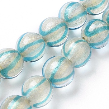Handmade Lampwork Beads Strands, Gold Powder, Round, Turquoise, 12x11~11.5mm, Hole: 1.6mm, about 30pcs/strand, 13.1 inch(33.5cm)