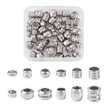 Pet 72Pcs 12 Style 201 Stainless Steel Beads, Large Hole Beads, Rondelle & Column & Barrel, Stainless Steel Color, 6~11x2~9mm, Hole: 5~6.5mm, 6pcs/style