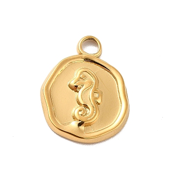 Ion Plating(IP) 304 Stainless Steel Pendants, Flat Round with Sea Horse, Real 18K Gold Plated, 16x13x2mm, Hole: 2mm
