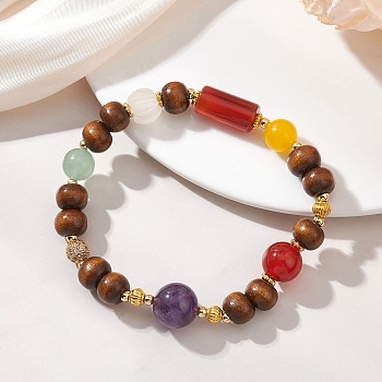Natural Amethyst & Green Aventurine & Whide Jade & Carnelian & Dyed Malaysia Jade & Wood Beaded Stretch Lucky Bracelets, Colorful, Inner Diameter: 1.97 inch(5cm)