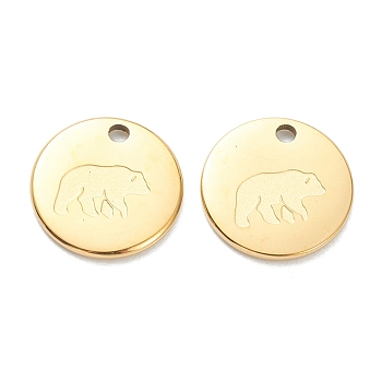 304 Stainless Steel Charms, Flat Round with Bear, Real 18K Gold Plated, 11.5x1mm, Hole: 1.5mm