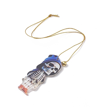 Acrylic Halloween Style Big Pendants with Brass Bell and Nylon Cord, Skeleton, Blue, 338x0.9mm