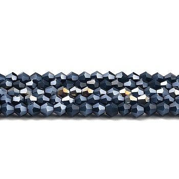 Opaque Solid Color Electroplate Glass Beads Strands, AB Color Plated, Faceted, Bicone, Prussian Blue, 4x4mm, Hole: 0.8mm, about 82~85pcs/strand, 12.01~12.2 inch(30.5~31cm)