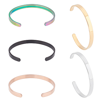 5Pcs 5 Colors Titanium Steel Open Cuff Bangles, Simple Flat Band Bangles for Women, Mixed Color, Inner Diameter: 2-1/2 inch(6.2cm), 1Pc/color