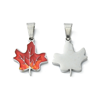 304 Stainless Steel Manual Polishing Pendants, with Enamel and 201 Stainless Steel Clasp, Maple Leaf Charms, Stainless Steel Color, 16x13x1.5mm, Hole: 3x5.5mm