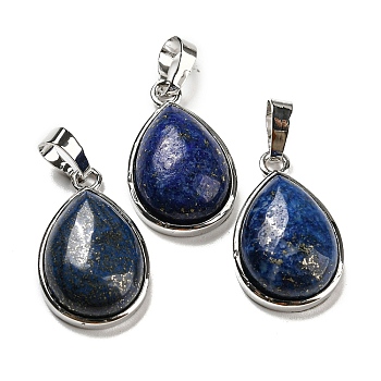 Natural Lapis Lazuli Dyed Pendants, Teardrop Charms with Platinum Plated Brass Snap on Bails, 24x15x7.5mm, Hole: 4x8mm