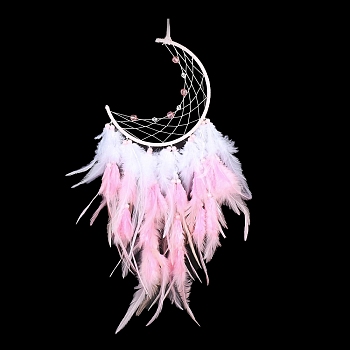 Iron Woven Web/Net with Feather Pendant Decorations, with Plastic Beads, Covered with Leather Cord, Moon, Pink, 560mm