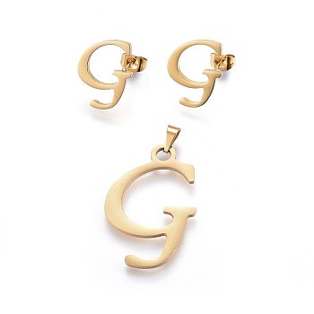 304 Stainless Steel Pendants and Stud Earrings Jewelry Sets, Alphabet, Letter.G, 32.5x22x1.5mm, Hole: 6x3mm, 18x13.5x1.5mm, Pin: 0.8mm