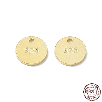 925 Sterling Silver Charms, Flat Round Charm, with 925 Stamp, Real 18K Gold Plated, 6x0.8mm, Hole: 0.9mm