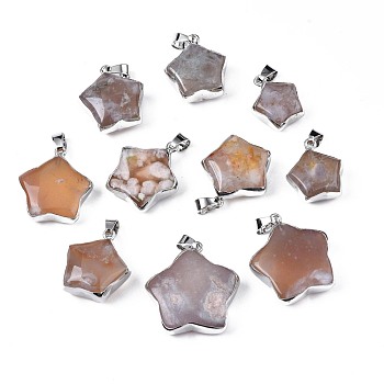 Natural Cherry Blossom Agate Pendants, with Platinum Plated Iron Findings, Star, 19.5~28.5x16.5~28x8~9mm, Hole: 4x6.5mm