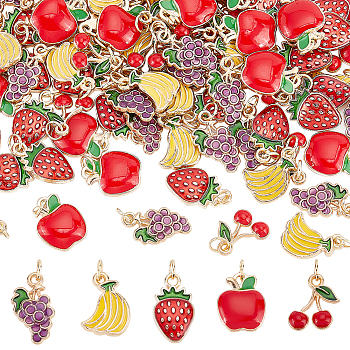 100Pcs Alloy Enamel Pendants, with Jump Rings, Light Gold, Banana & Apple & Strawberry, Mixed Color, 13~17x9~12x2~2.5mm
