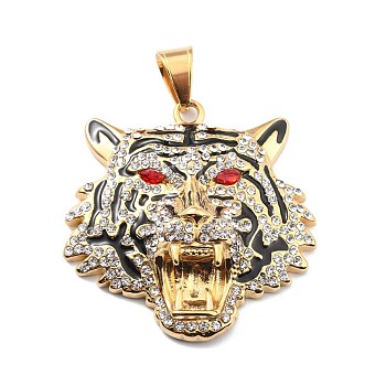 Ion Plating(IP) 304 Stainless Steel Big Pendants, with Clear & Red Cubic Zirconia and Black Enamel, Lion, Golden, 55x53x16mm, Hole: 8x11mm