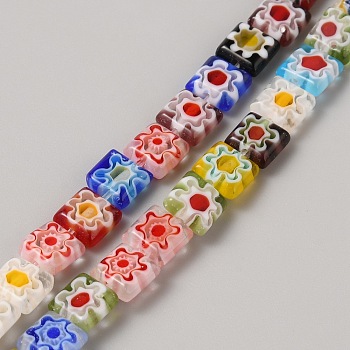 Handmade Millefiori Glass Beads Strands, Square, Colorful, 6x6x3mm, Hole: 0.8~1mm, about 65pcs/strand, 14.57''(37cm)