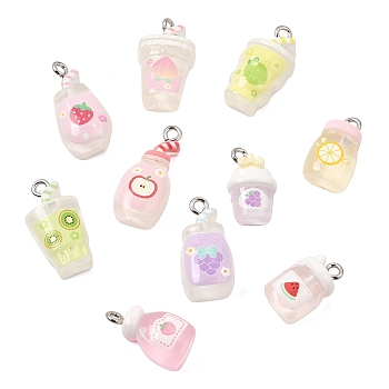 Fruit Juice Printed Resin Pendants, Mixed Shapes Charm, with Platinum Iron Loop, Mixed Color, 16.5~22x10~12x7~8.5mm, Hole: 2mm