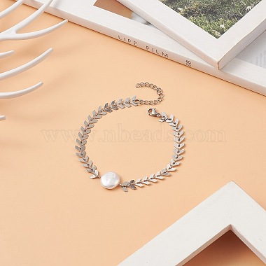 Natural Pearl Link Bracelet with 304 Stainless Steel Cobs Chains for Women(BJEW-TA00214)-2
