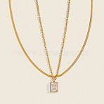 European Style Stainless Steel Pave Clear Cubic Zirconia Rectangle Pendant Snake Chain Double Layered Necklaces for Women, Golden, 17.32 inch(44cm)(ND1910)