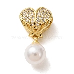 Brass Micro Pave Clear Cubic Zirconia & ABS Imitation Pearl Pendants, Heart Charms, Golden, 21x12x8mm, Hole: 3.2mm(CU-CBA0A9C-01G)