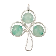 Natural Green Aventurine Beaded Pendants, Eco-Friendly Copper Wire Wrapped Clover Charms, Silver, 23x20x6.5mm, Hole: 3mm(PALLOY-TA00058-01)
