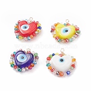 Handmade Evil Eye Lampwork Pendants, with Electroplate Glass Beads, Light Gold, Heart, Mixed Color, 23~25x22~23x6~8mm, Hole: 2mm(PALLOY-JF01472)