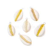 6Pcs 6 Styles Natural Cowrie Shell & Glass Seed Beads Pendants, Shell Shaped Charms, Yellow, 29x16x10mm, Hole: 2mm, 1pc/style(PALLOY-JF02759-05)