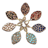 Polymer Clay Rhinestone Pendants, with Gemstone Chip/Natural Shell Chip and PU Leather, Horse Eye, Golden, PP12(1.8~1.9mm), 41~42x25x6~7mm,  Hole: 9x5mm(RB-S056-12A-G)