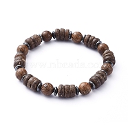 Stretch Bracelets, with Natural Wood Beads and Non-Magnetic Synthetic Hematite Beads, Coconut Brown, Inner Diameter: 2-1/8 inch(5.5cm)(BJEW-JB05224)