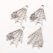Halloween Jewelry Alloy Pendants, Spider in Web, Cadmium Free & Nickel Free & Lead Free, Antique Silver, 32x23x3.5mm, Hole: 1.5mm(X-PALLOY-3782-AS-FF)