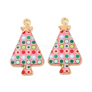 Christmas Theme Rack Plating Alloy Pendants, with Enamel, Golden, Christmas Trees Charm, Pink, 31x17x1.5mm, Hole: 1.8mm(FIND-M020-02E-G)