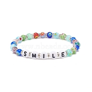 Word Smile Bracelet, Colorful Millefiori Glass & Acrylic Letter Beaded Stretch Bracelet for Women, Letter Pattern, Inner Diameter: 2-1/8 inch(5.5cm)(BJEW-JB08584-04)
