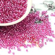 Glass Seed Beads, Silver Lined, Cylinder, Hot Pink, 2x1.5mm, Hole: 1.4mm, about 50398pcs/pound(SEED-S042-04B-19)