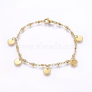 304 Stainless Steel Charm Bracelets, with Lobster Claw Clasps, Flat Round, Golden, 8-1/4 inch(21cm), 3mm(BJEW-H579-15G)