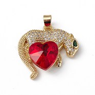 Real 18K Gold Plated Rack Plating Brass Micro Pave Clear Cubic Zirconia Pendants, with Glass, Long-Lasting Plated, Cadmium Free & Lead Free, Leopard with Heart Charm, Red, 24.5x25x8.2mm, Hole: 5x3.2mm(KK-C015-13G-01)