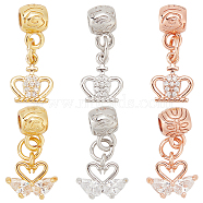 6Pcs 6 Style Rack Plating Brass Micro Pave Clear Cubic Zirconia Pendants, Long-Lasting Plated, Cadmium Free & Lead Free, Swan & Crown, Mixed Color, 20mm, Hole: 2.5mm, 1pc/style(ZIRC-OC0001-04)