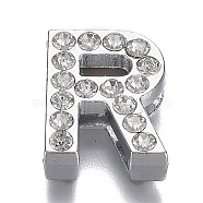Alloy Letter Slide Charms, with Crystal Rhinestone, Cadmium Free & Lead Free, Platinum, Letter.R, 20x15.5x7mm, Hole: 2.5x18mm(RB-F034-01R-P-RS)