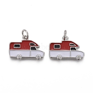 Brass Micro Pave Clear Cubic Zirconia Pendants, with Enamel and Jump Rings, Long-Lasting Plated, Camping Van/Caravan Shape, Real Platinum Plated, 12x17x2.5mm, Hole: 3mm(KK-F821-34A-P)