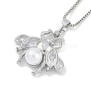 Rack Plating Brass Clear Cubic Zirconia Bee Pendant Box Chain Necklaces, with ABS Imitation Pearl Beads, Cadmium Free & Lead Free, Long-Lasting Plated, Platinum, 19.29 inch(49cm)(NJEW-P317-05P)