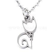 201 Stainless Steel Kitten Pendants Necklaces, with Cable Chains and Lobster Claw Clasps, Hollow Cat, Stainless Steel Color, 15-3/4 inch(40cm), 1.5mm(NJEW-S105-JN590-40-1)
