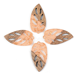 Transparent Resin & Walnut Wood Pendants, with Gold Foil, Leaf, Dark Salmon, 38x20x3mm, Hole: 2mm(X-RESI-S389-048A-B04)