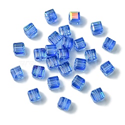 100Pcs Transparent Electroplate Glass Beads, AB Color Plated, Faceted, Cube, Royal Blue, 7x7x7mm, Hole: 1.6mm(GLAA-K064-08A-AB03)