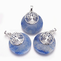Natural Blue Spot Jasper Pendants, with Platinum Tone Brass Findings, Flat Round with Tree of Life, 32.5~33x27.5~28x5~6mm, Hole: 5x7mm(G-F573-C18)