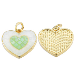 Brass Enamel Pendants, with Jump Rings and Shell, Real 18K Gold Plated, Nickel Free, Heart, Light Green, 15x16x3.5mm, Jump Ring: 5x1mm, 3mm inner diameter(KK-N227-97E)