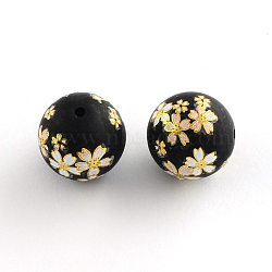 Flower Picture Frosted Glass Round Beads, with Gold Metal Enlaced, Black, 14x13mm, Hole: 1.5mm(GFB-R004-14mm-V12)