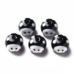 Handmade Lampwork Beads, Round with Cartoon Face, Black, 13~14x10mm, Hole: 2mm(LAMP-T011-11B)