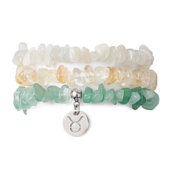 3Pcs 3 Styles Natural White Moonstone & Citrine & Green Aventurine Chips Stretch Bracelets Sets, Stackbale Bracelets with 304 Stainless Steel Charms, Taurus, Inner Diameter: 2-1/8 inch(5.5cm), 1Pc/style(BJEW-JB11076-04)