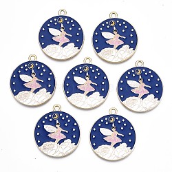 Rack Plating Alloy Enamel Pendants, Cadmium Free & Nickel Free & Lead Free, Light Gold, Flat Round with Elves, Dark Blue, 30.5x27x1.5mm, Hole: 2mm(ENAM-N055-082)