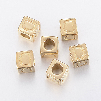304 Stainless Steel Large Hole Letter European Beads, Horizontal Hole, Cube with Letter.D, Golden, 8x8x8mm, Hole: 5mm