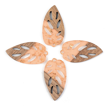 Transparent Resin & Walnut Wood Pendants, with Gold Foil, Leaf, Dark Salmon, 38x20x3mm, Hole: 2mm